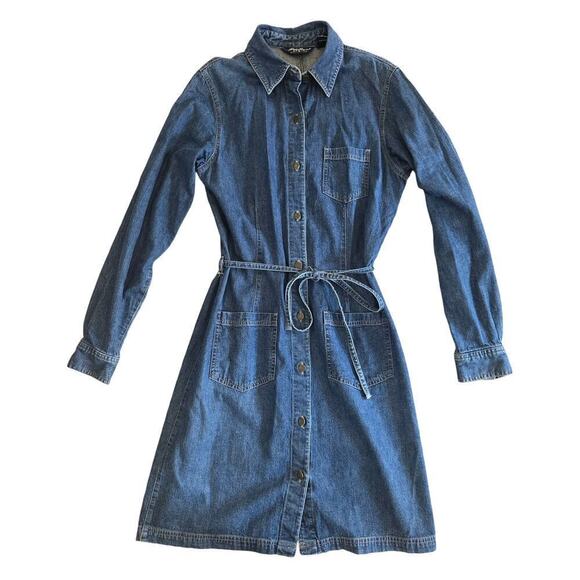 Vintage Eddie Bauer Denim Long Sleeve Tie Waist Blue Button Down Jean Dress - Picture 1 of 11